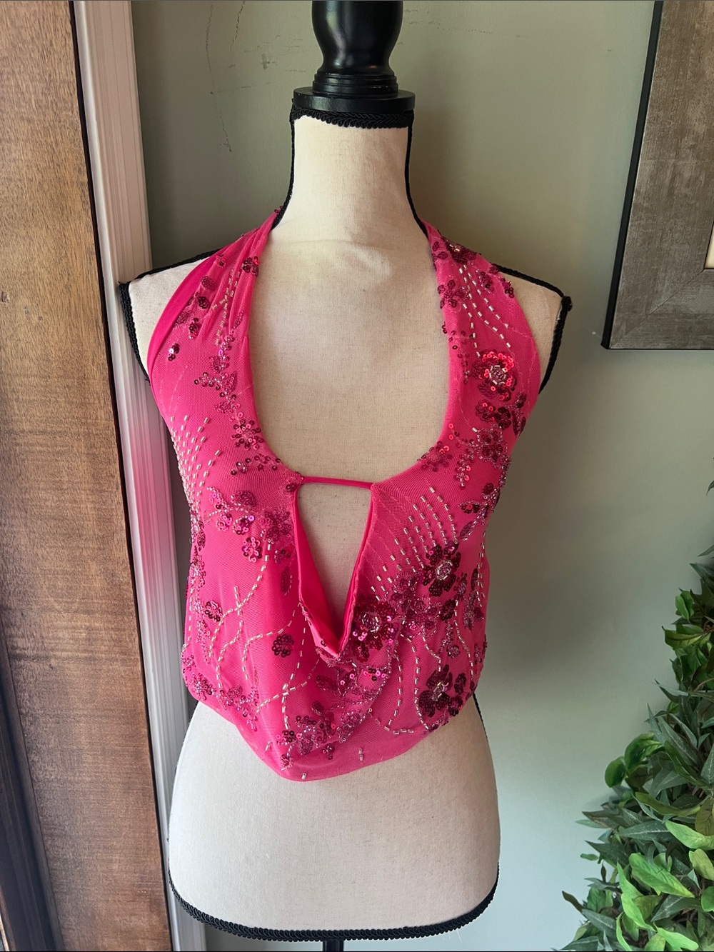 Sequined Hot Pink Halter Camisole Top